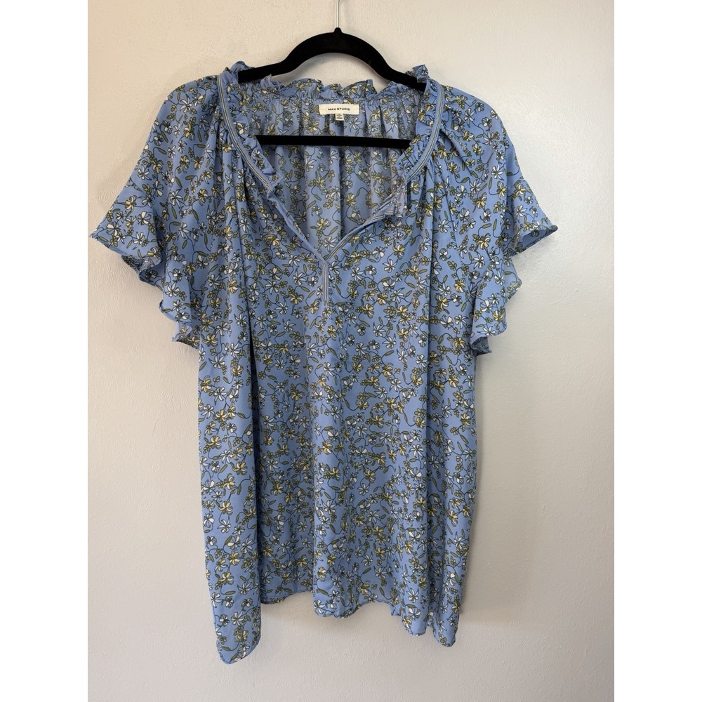 Max Studio Plus Size Shor Sleeved Dusty Blue Floral Blouse W Ruffle Size 1X‎